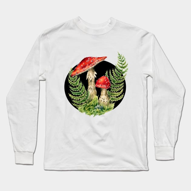 Cottagecore Fairy Mushrooms, Toadstool and Ferns, Fungus Mycology Art, Amanita Muscaria Long Sleeve T-Shirt by kaleighdayart